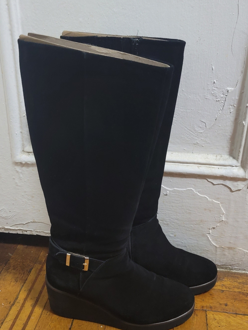 Giani Bernini Black Knee-High Wedge Boots with Gold Buckle